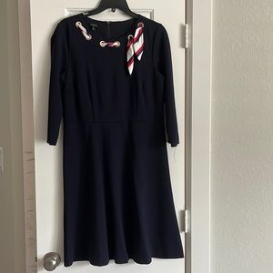 Talbots navy dress with scarf detail